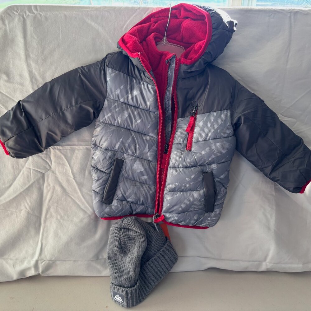 🆕 SNOZU Boys PUFFER JACKET Red, Black & Grey W/ HAT - NWT